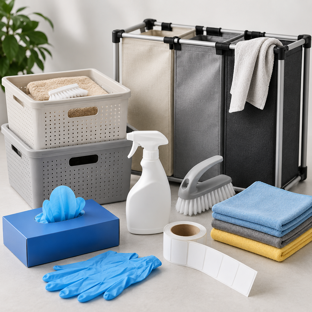 Cleaning supplies including gloves, laundry sorter, storage bins, labels, and cleaning tools