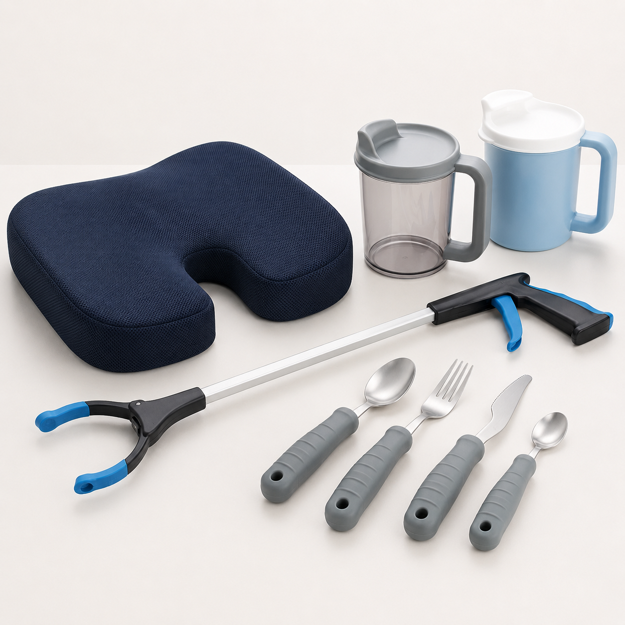 Daily living aids including adaptive utensils, reacher, easy-grip cups, and comfort cushion