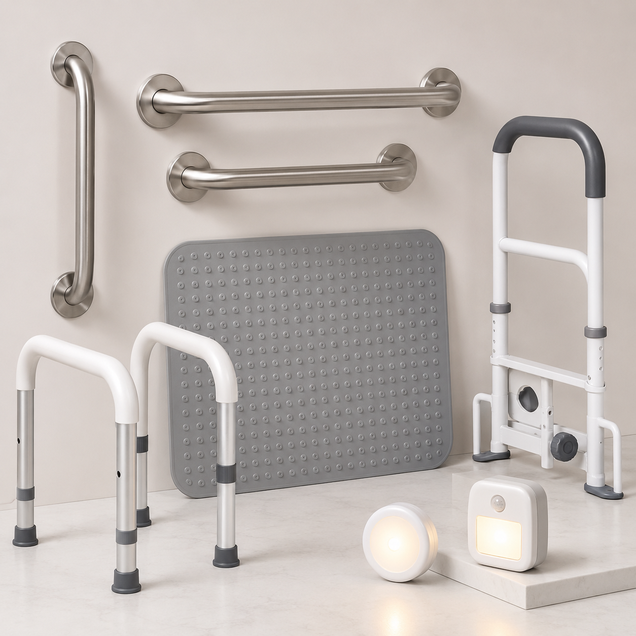 Safety and mobility products including grab bars, non-slip mat, support rails, and night lights
